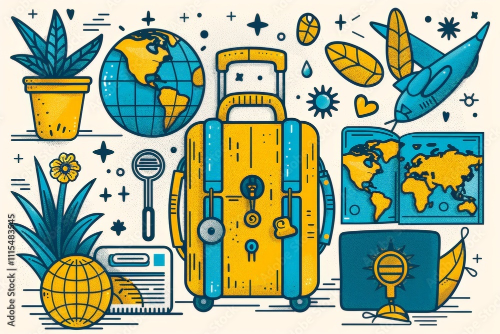 Obraz premium ​Diet Resolution Week. Bold travel illustration with suitcases, globes, and maps celebrating global exploration and adventure.
