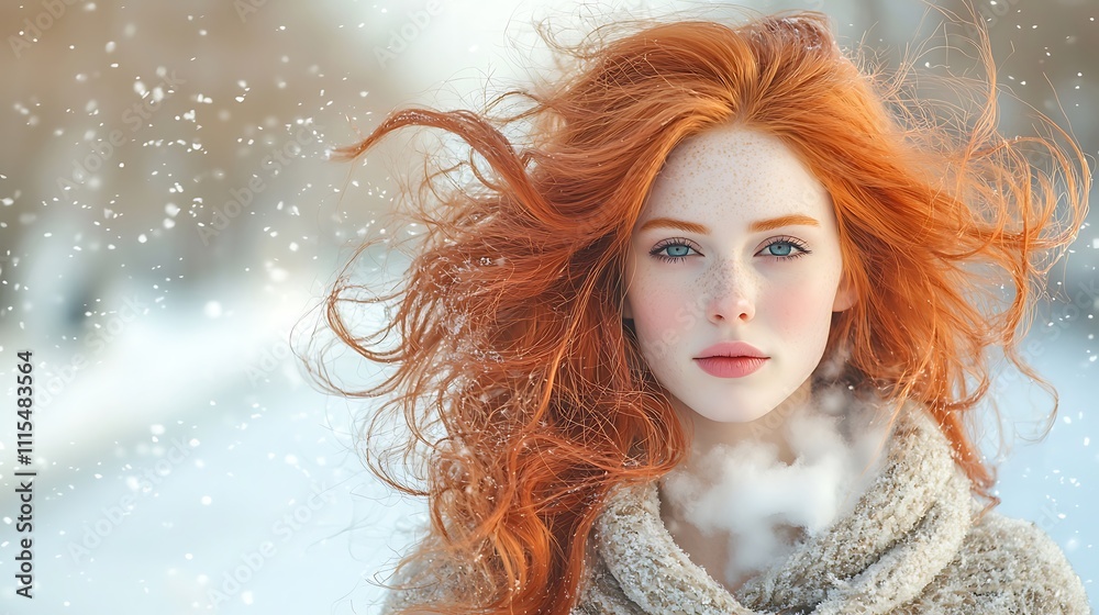 The young red haired woman gracefully strolls down the snow covered street, her breath creating clouds in the cold winter air The young red haired woman gracefully strolls down the snow covered street, her breath creating clouds in the cold winter air