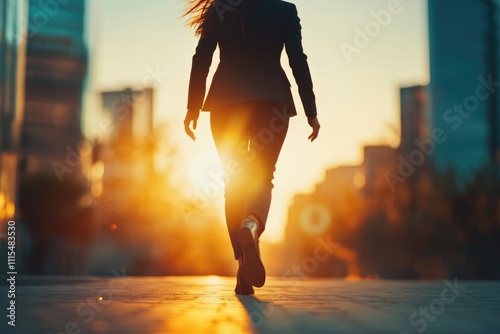 A businesswoman walks towards the sunset in a city  symbolizing ambition and success.