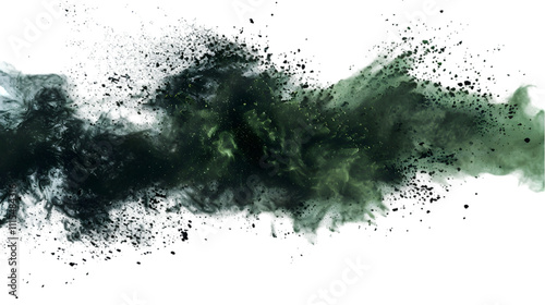 Black, White, Green colours powder exploding isolated on a transparent background