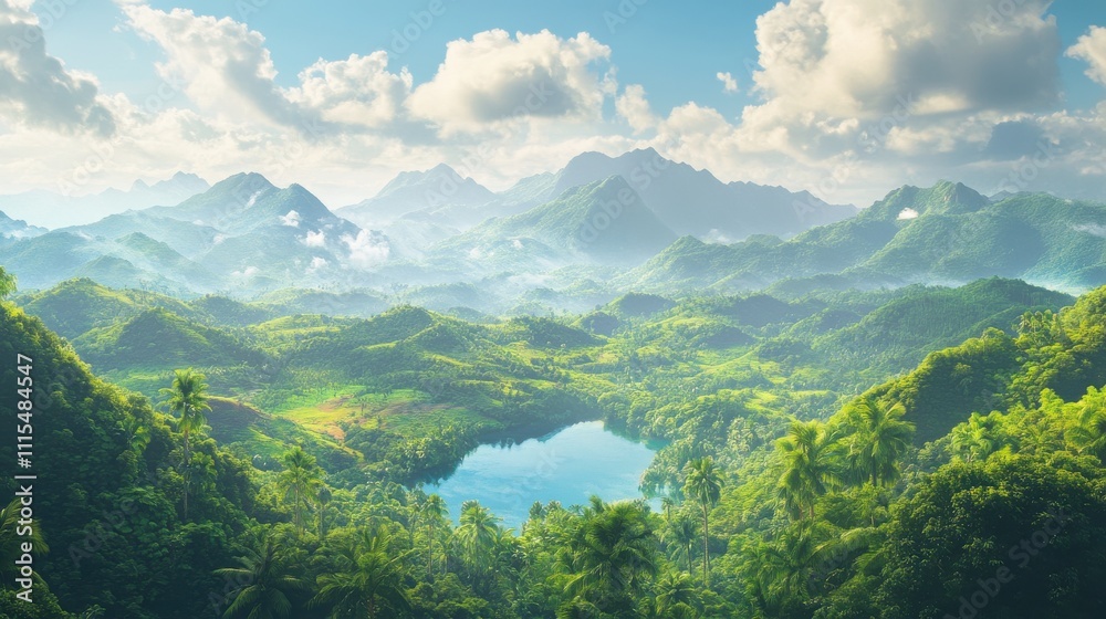 Obraz premium Lush Tropical Landscape Mountains, Lake, and Verdant Jungle Paradise