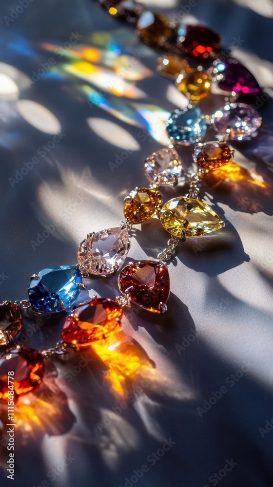 A close-up of a colorful gemstone necklace with sparkling reflections. A close-up of a colorful gemstone necklace with sparkling reflections.