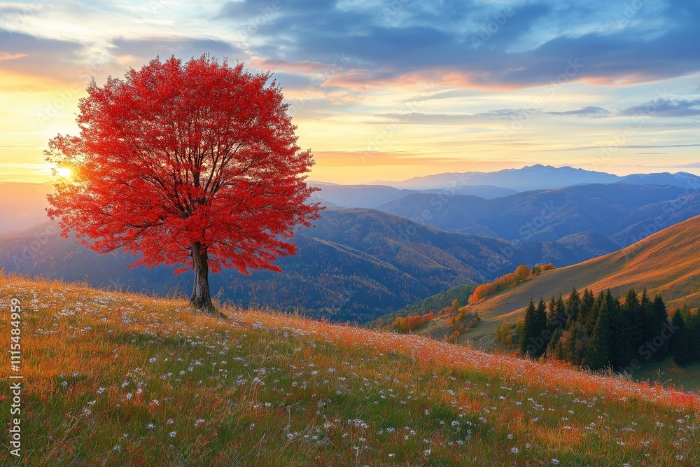 A Red Love Tree in the Meadow During Autumn with Bright Flowers Blooming, Set Against a Sunset Sky and Majestic Mountains in the Background, Perfect for a Valentine's Day Card, Oil Painting Style. A Red Love Tree in the Meadow During Autumn with Bright Flowers Blooming, Set Against a Sunset Sky and Majestic Mountains in the Background, Perfect for a Valentine's Day Card, Oil Painting Style.