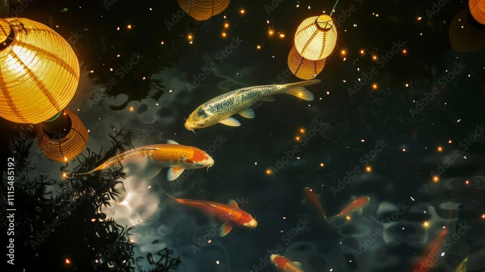 Naklejka premium Koi fish in a beautifully landscaped pond with rocks, waterfalls, and aquatic plants