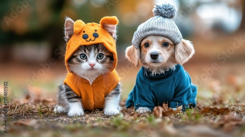 Adorable Kitten and Puppy in Autumn Outfits, Fall Fashion photo