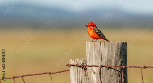 Vibrant vermilion flycatcher on rustic fence post in tranquil rural landscape photo