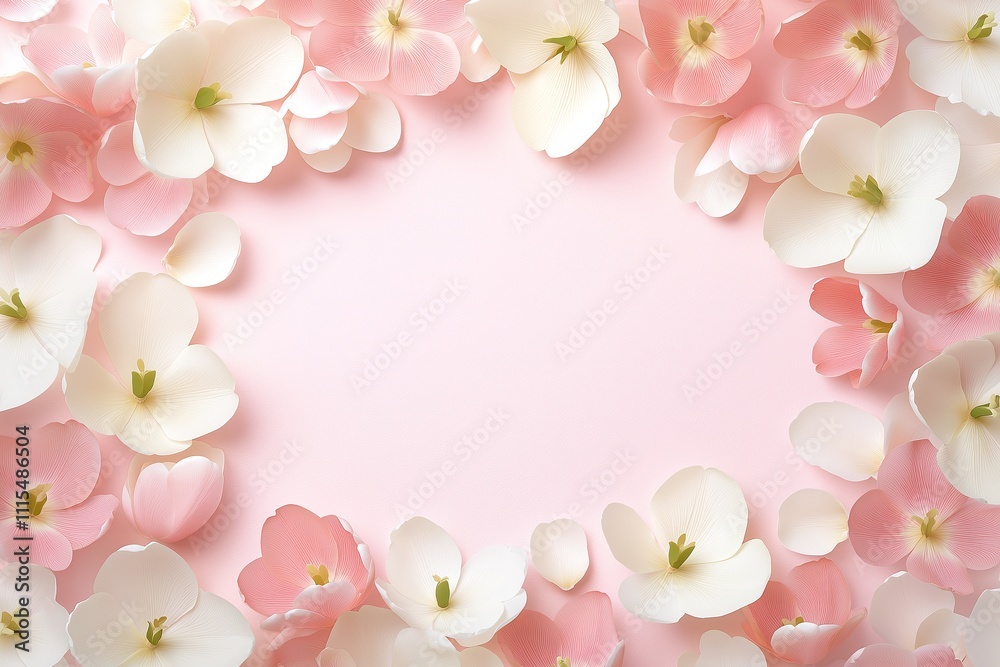 Elegant pink and white floral frame on soft pastel background Elegant pink and white floral frame on soft pastel background