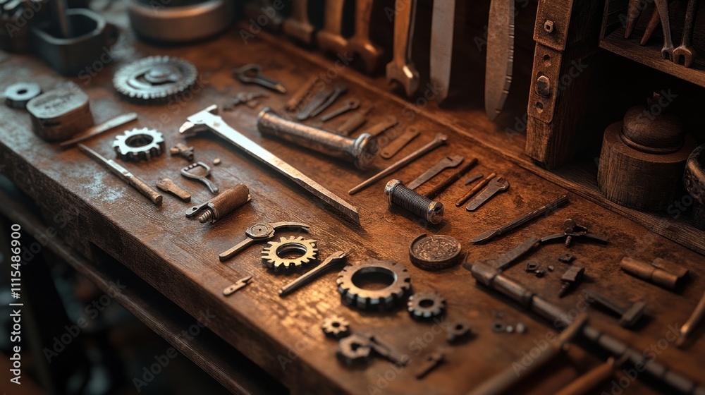 A collection of various tools arranged on a wooden workbench, showcasing craftsmanship. A collection of various tools arranged on a wooden workbench, showcasing craftsmanship.