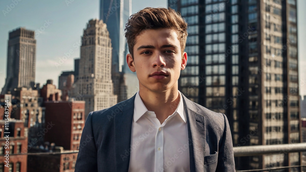 Young man standing confidently on a rooftop overlooking a New York City skyline during daylight, showcasing urban architecture and vibrant city life. Young man standing confidently on a rooftop overlooking a New York City skyline during daylight, showcasing urban architecture and vibrant city life.