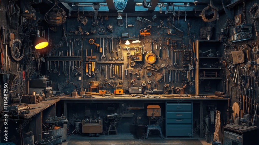 A well-equipped workshop filled with tools and materials for various projects. A well-equipped workshop filled with tools and materials for various projects.
