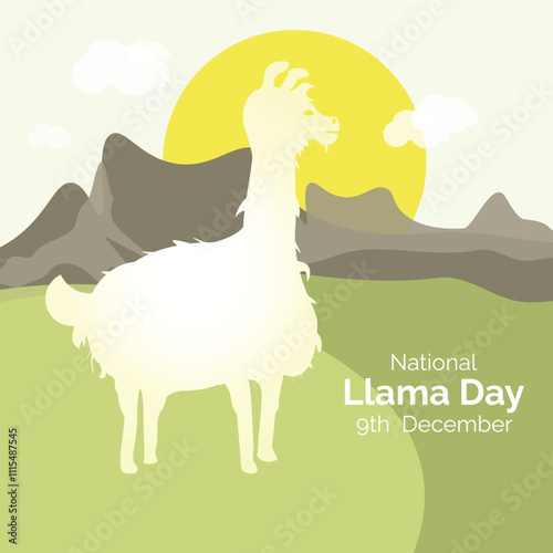 National Llama Day to celebrate on December 9th. Illustration of a Llama with a sun and mountains in the background. Animal event banner.