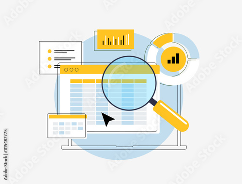 Accounting and finance audit illustration with tools for budget calculation, profit and loss analysis, report generation and data visualization. Business accounting with graphs and financial metrics