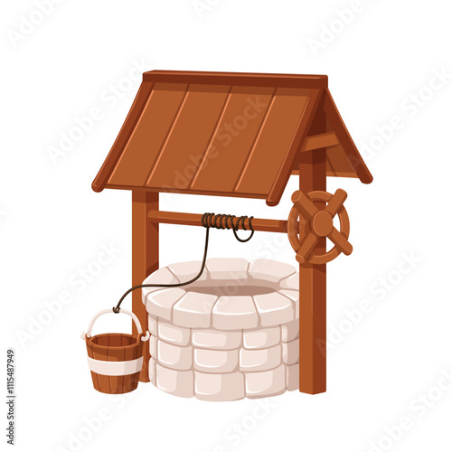 Wooden and stone well with crank and bucket on rope for drawing water. Old traditional source construction, structure in country. Rural equipment. Flat vector illustration isolated on white background