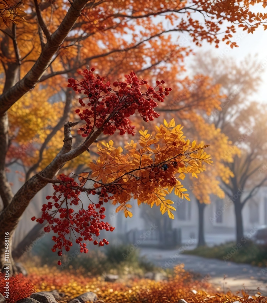 Chokeberry shrubs and other autumn foliage intertwined with fallen leaves on a tree branch, deciduous trees, fall colors Chokeberry shrubs and other autumn foliage intertwined with fallen leaves on a tree branch, deciduous trees, fall colors