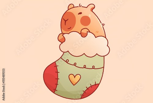 Kawaii Christmas New Year capybara sock with rough edges.
