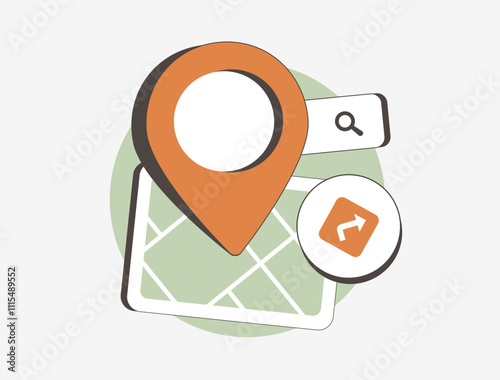 Location-based marketing concept with a map, pin, search bar and navigation icons. Local business SEO, targeted advertising, map listings and customer engagement strategies. Vector illustration