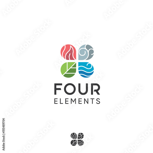 Four elements ecology astrology fire water air earth wind leaf drop vector logo