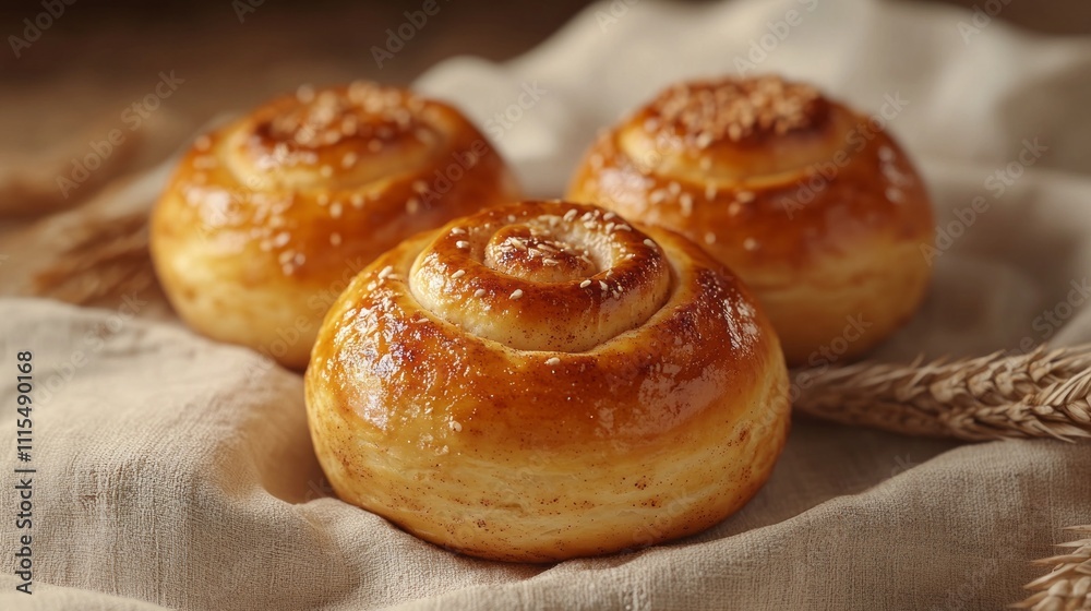 Three perfectly baked rolls with glossy golden crusts are artfully arranged on a soft, neutral cloth. Bright light enhances their inviting appearance, making these treats look irresistible Three perfectly baked rolls with glossy golden crusts are artfully arranged on a soft, neutral cloth. Bright light enhances their inviting appearance, making these treats look irresistible