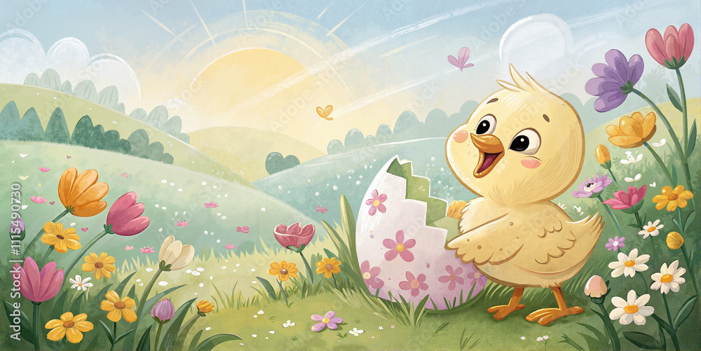 Obraz premium Cute chick in blooming spring meadow