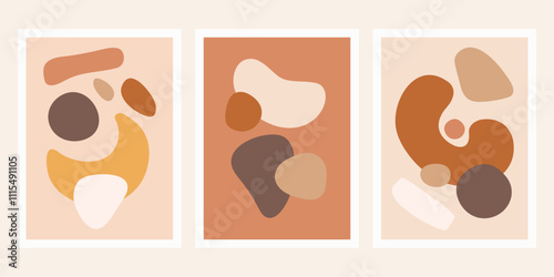 Modern Abstract Wall Art Print Posters. Colorful trendy minimal organic shapes invitation cards. Mid century modern wall art designs for cover, packaging, social media, cards.