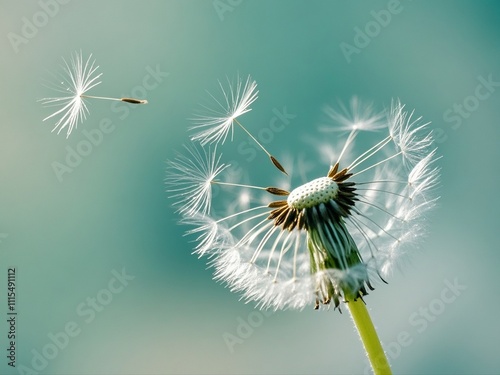 Dandelion seeds fly in the wind close up macro with soft focus on green and turquoise background.