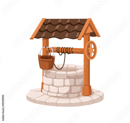 Old water well with wood roof, stone structure and rope crank. Traditional an...