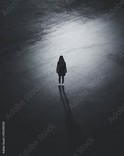 A solitary figure stands in a dimly lit, expansive space.