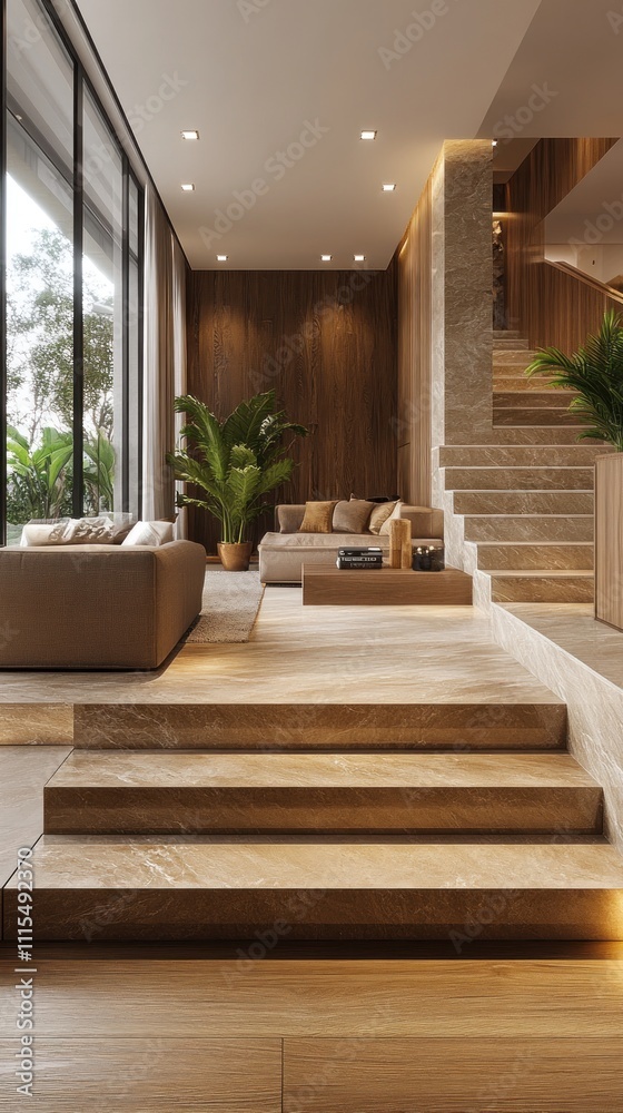 Fototapeta premium Modern Living Room Interior Design With Stone Steps