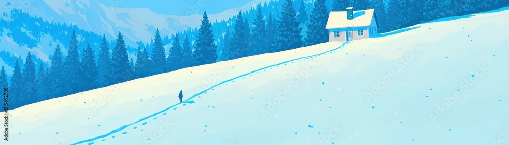 Fototapeta premium Wide banner in wintertime theme. Snow-covered landscape with a cabin and a person walking in the distance.