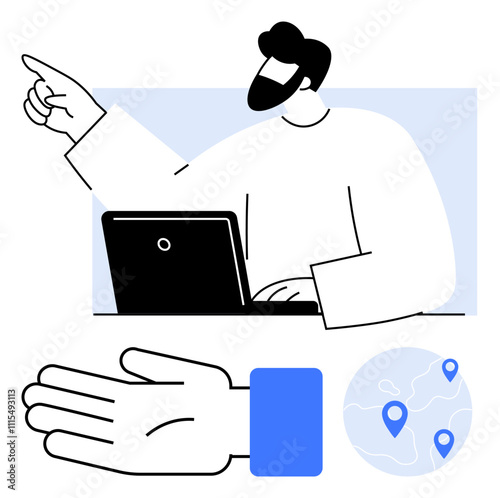 Laptop user pointing gestures to direction, an open palm, map with location pins. Ideal for navigation, direction planning, business strategy, travel, technology guidance presentations. Line