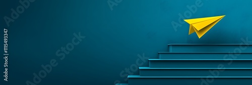 Yellow Stairs Leading to Paper Airplane Symbolizing Progress, Ambition, and Success Blue Background