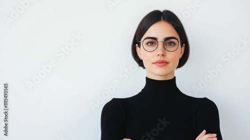 Confident and poised woman standing with a subtle reserved smile on a clean minimalist white background  The subject has an elegant professional demeanor and a smart sophisticated style