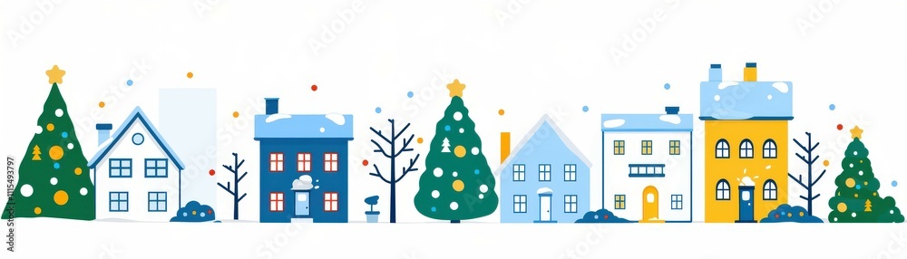 Fototapeta premium Wide banner in wintertime theme. Colorful winter village scene with houses and Christmas trees.
