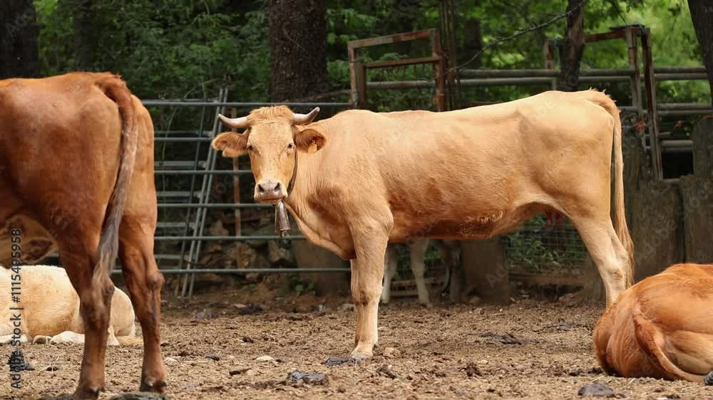 Captive brown cow looking at the camera in a farm Captive brown cow looking at the camera in a farm