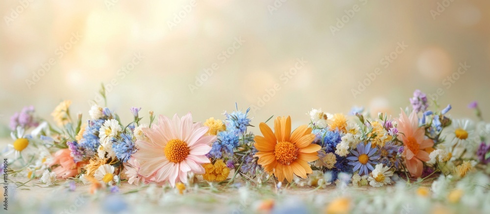 Naklejka premium A delicate arrangement of wildflowers in a variety of pastel hues, including blue, yellow, white, and peach, on a light and airy background with bokeh effects.