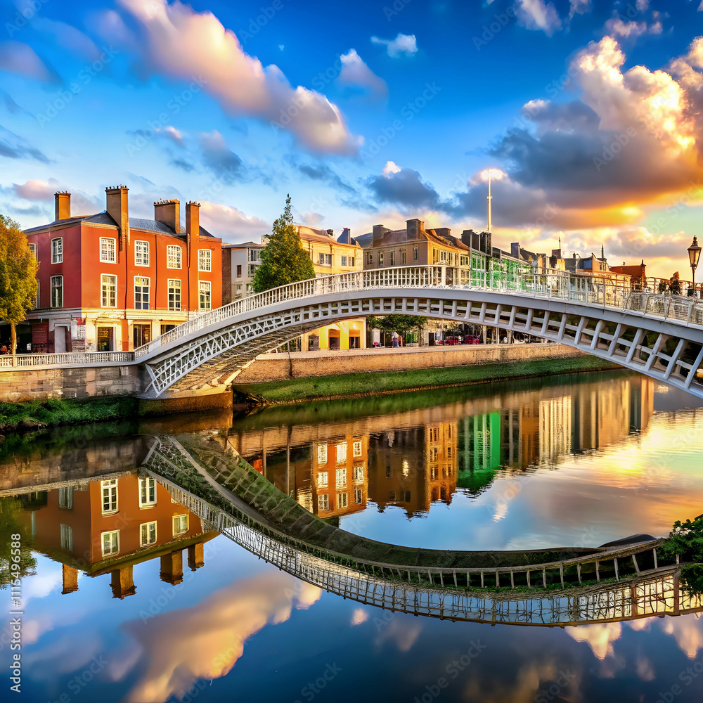 Obraz premium view of dublin with the ha penny bridge ireland