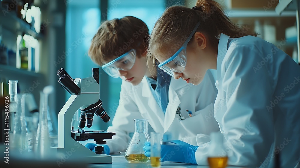 two young students using a microscope while wearing lab coats and safety goggles are doing a science experiment at school laboratory two young students using a microscope while wearing lab coats and safety goggles are doing a science experiment at school laboratory