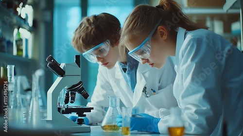 two young students using a microscope while wearing lab coats and safety goggles are doing a science experiment at school laboratory