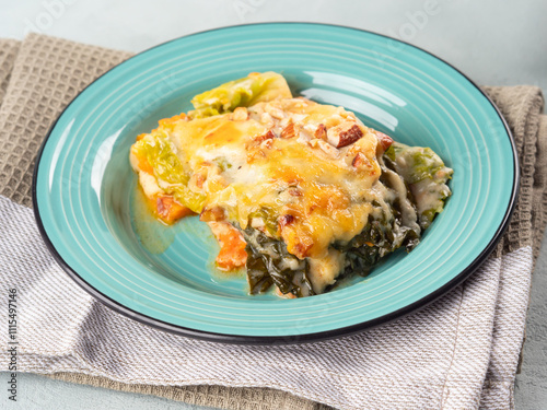 Baked squash and savoy cabbage casserole vegetarian lasagna photo