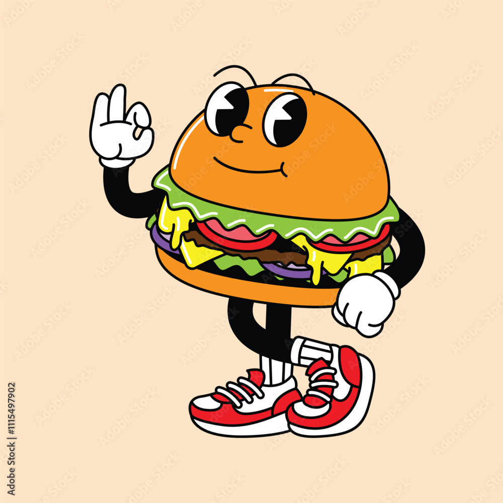 Naklejka premium Burger retro mascot with hand and foot. Retro vintage mascot cartoon stickers with funny comic characters and gloved hands.