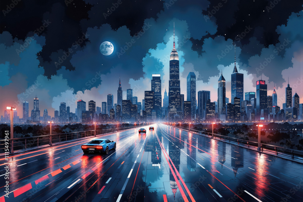 Fototapeta premium Cars driving fast on highway with city skyline and full moon