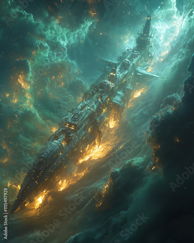 battle-worn mothership cruising through turbulent cosmic clouds, aglow with fiery remnants