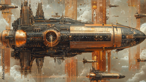 ornate golden spacecraft with detailed architecture floating amidst debris in space photo