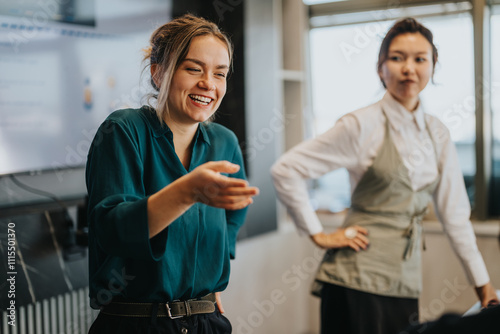 A diverse group of business people engaging in a lively discussion during a meeting. The image captures teamwork, collaboration, and the positive dynamics of a modern workplace.