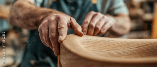 Closeup of a woodworker s hands polishing a curved armrest for a custom chair, detailed wood finishing, ergonomics meets artistry