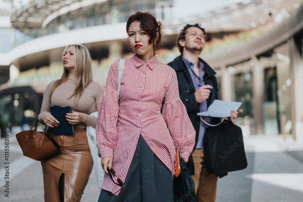 Fototapeta premium A diverse business team standing confidently outdoors, suggesting a professional atmosphere and teamwork. The group showcases multicultural collaboration and modern business styles.