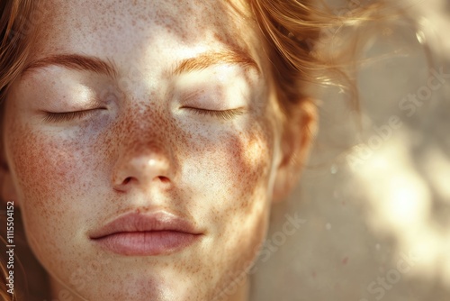 Close up of a freckled face with eyes closed  bathed in sunlight. photo