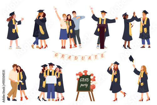 Set of joyful students in cap and gown marking new chapter. Parents proudly embrace daughter celebrating her graduation Young men and women, smiles while holding their diploma. Graduate vector concept photo