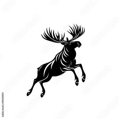 Silhouette of a Leaping Moose, Black silhouette of a leaping moose with large antlers on a white background, representing strength, wilderness, and elegance.

