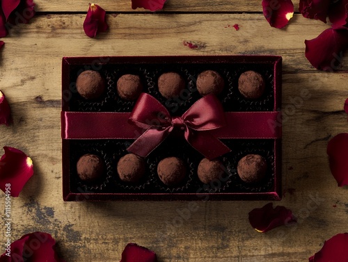 赤いベルベットボックスに詰められたトリュフチョコレートとバラの花びら | Truffle Chocolates in a Red Velvet Box with Rose Petals